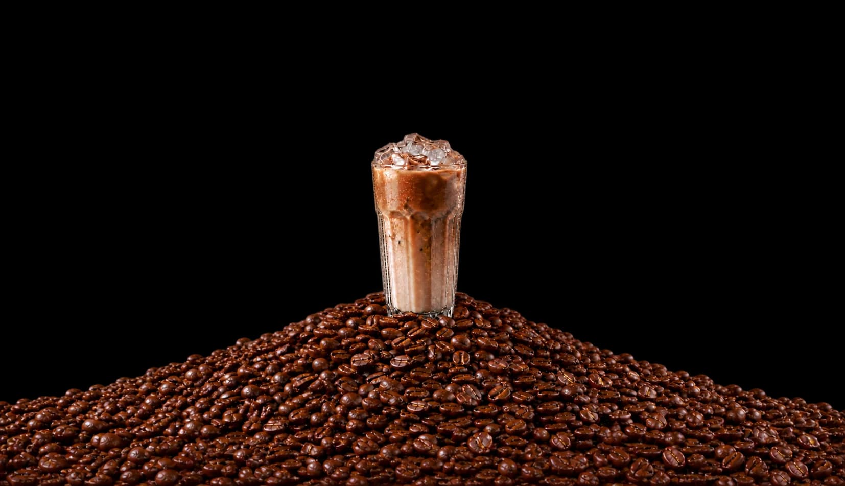 Iced Latte on Roasted Coffee Beans